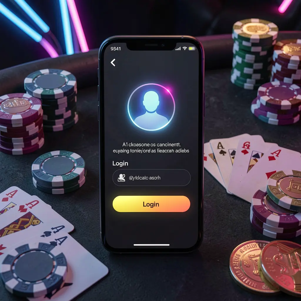 RM 666 casino app login scene on smartphone with glowing user profile icon, surrounded by chips, cards, and coins on an elegant dark background with neon highlights RM 666 casino app login scene on smartphone with glowing user profile icon, surrounded by chips, cards, and coins on an elegant dark background with neon highlights