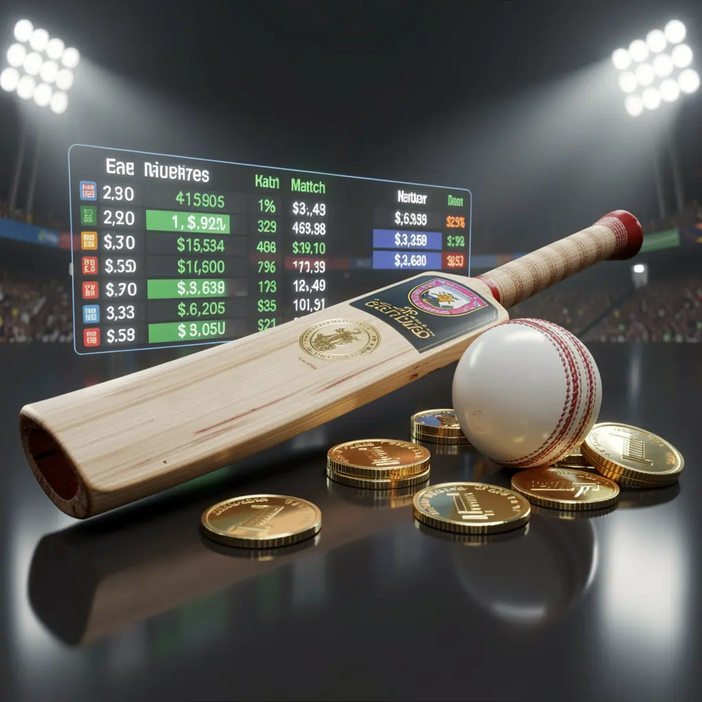 Realistic 3D render of a cricket bat and ball on a glossy dark surface with golden coins, glowing match statistics, and stadium lights, representing RM 666 premium sports betting in Malaysia