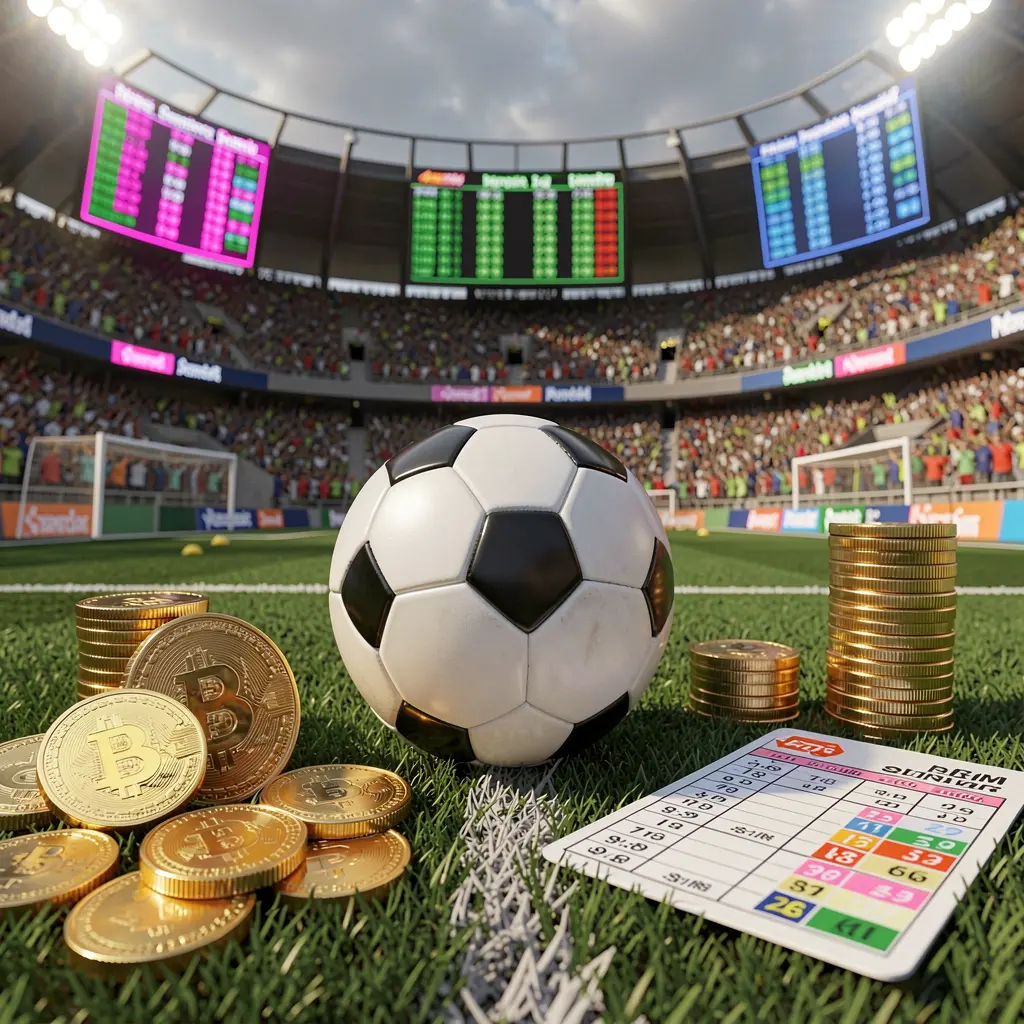 Realistic 3D render of a premium sports betting scene featuring a football field with a stadium crowd, a soccer ball, golden coins, betting slip elements, and neon odds panels, showcasing RM 666 branding in a vibrant Malaysian sports betting environment