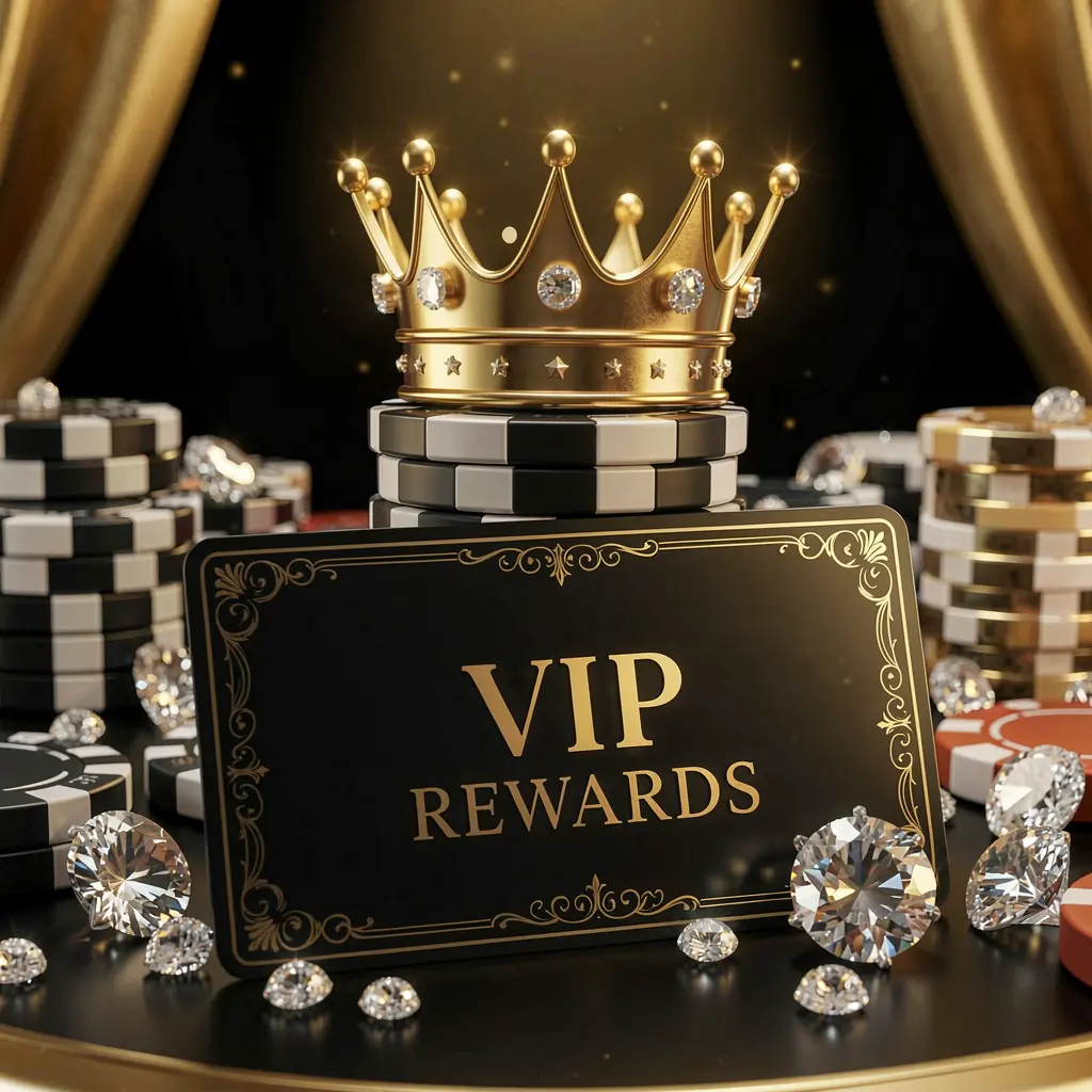 Elegant golden crown placed on top of poker chips with sparkling diamonds and a premium membership card against a luxury black and gold background, representing RM 666 VIP casino rewards in an exclusive high-end casino atmosphere Elegant golden crown placed on top of poker chips with sparkling diamonds and a premium membership card against a luxury black and gold background, representing RM 666 VIP casino rewards in an exclusive high-end casino atmosphere