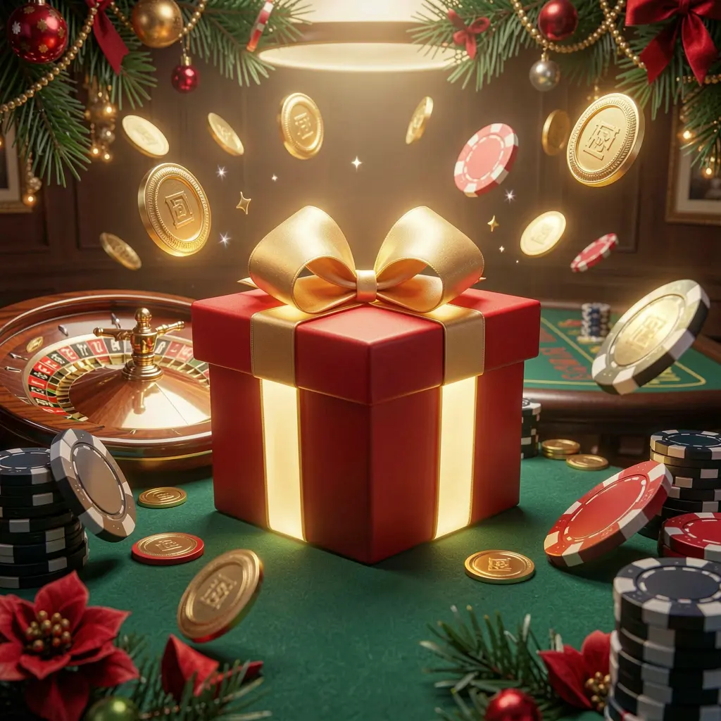 Festive casino scene featuring a glowing gift box, roulette wheel, poker chips, and flying coins highlighting the RM 666 welcome bonus in a high detail cinematic lighting setting Festive casino scene featuring a glowing gift box, roulette wheel, poker chips, and flying coins highlighting the RM 666 welcome bonus in a high detail cinematic lighting setting