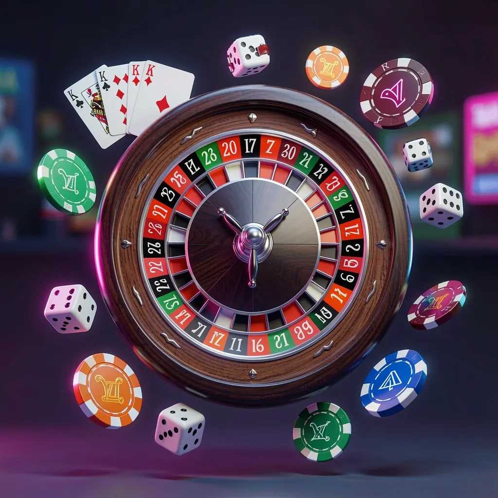 Premium 3D render of RM 666 online casino games collection featuring a roulette wheel, blackjack cards, dice, slot symbols, and poker chips floating together with neon glow Premium 3D render of RM 666 online casino games collection featuring a roulette wheel, blackjack cards, dice, slot symbols, and poker chips floating together with neon glow