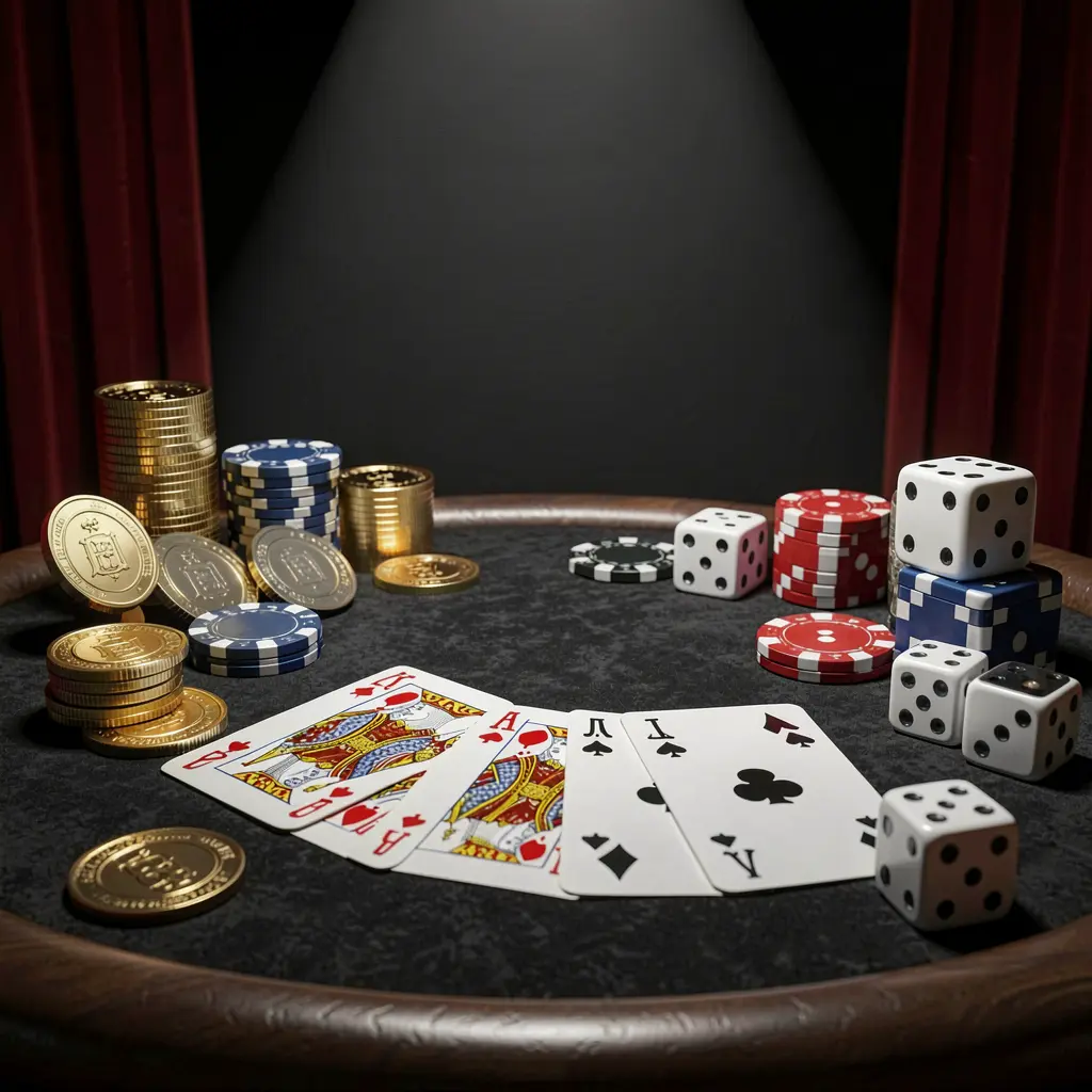 Realistic 3D render of a casino table featuring a royal flush poker hand, poker chips, golden coins, and dice on a luxury black and red background with dramatic spotlight, showcasing RM 666 branding in a stylish Malaysian casino setting Realistic 3D render of a casino table featuring a royal flush poker hand, poker chips, golden coins, and dice on a luxury black and red background with dramatic spotlight, showcasing RM 666 branding in a stylish Malaysian casino setting