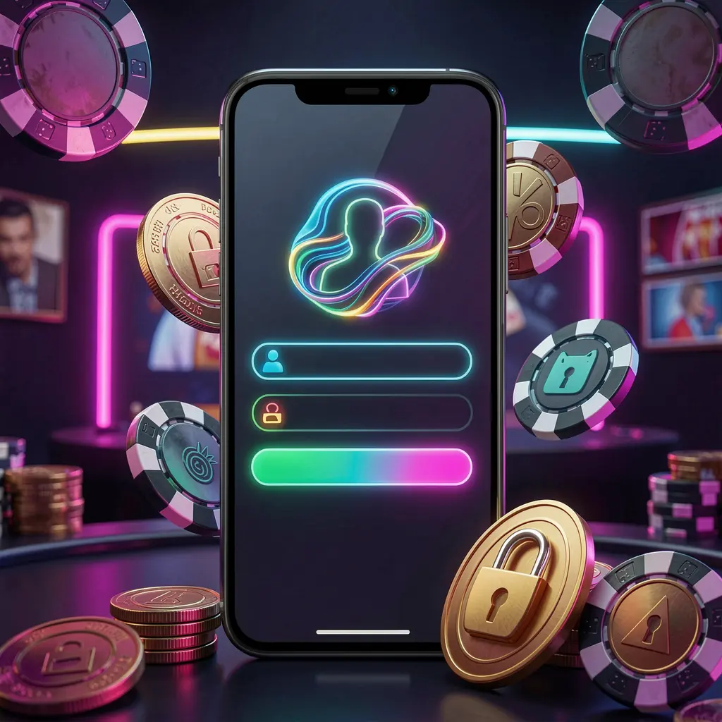 RM 666 mobile gaming login page concept showing a smartphone with an abstract login interface featuring user and lock icons, surrounded by casino chips and coins under luxury neon lighting RM 666 mobile gaming login page concept showing a smartphone with an abstract login interface featuring user and lock icons, surrounded by casino chips and coins under luxury neon lighting