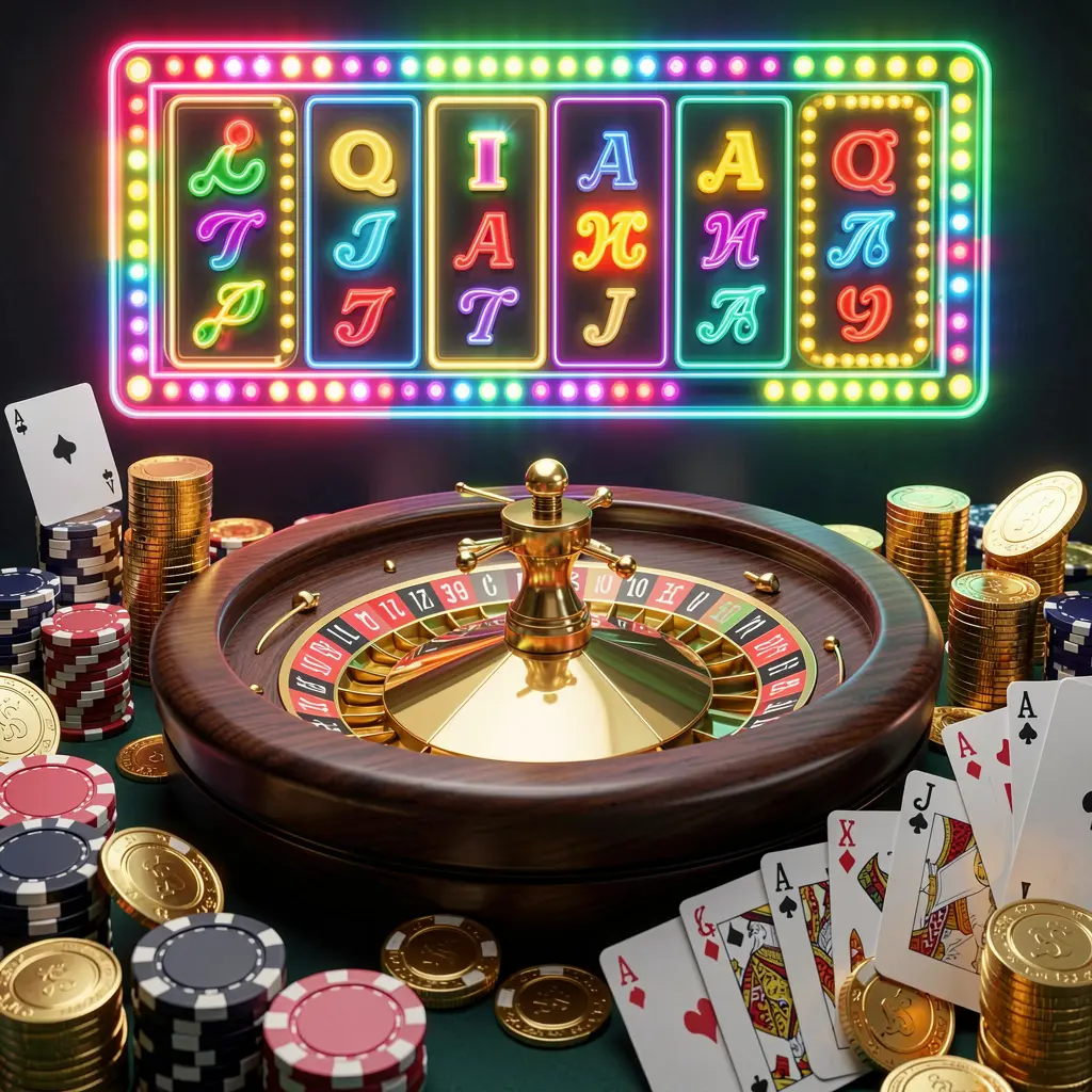 RM 666 casino homepage visual featuring a realistic 3D render of a roulette wheel, poker chips, playing cards, golden coins, and bright neon jackpot lights in a dynamic composition RM 666 casino homepage visual featuring a realistic 3D render of a roulette wheel, poker chips, playing cards, golden coins, and bright neon jackpot lights in a dynamic composition